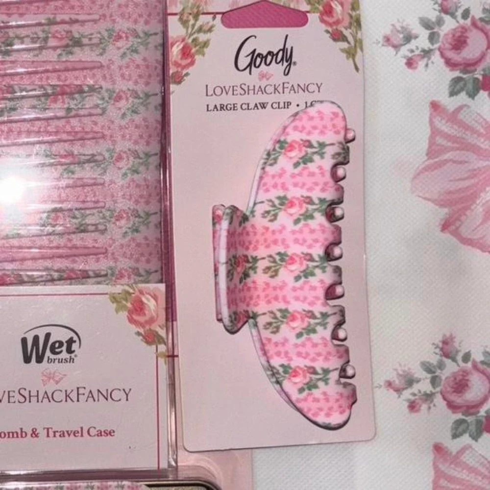 LoveShackFancy pink floral hair accessories bundle: Mini brush keychain Comb